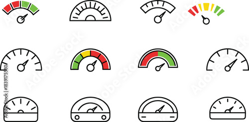 Vector illustration of twelve gauge icons—dashboard meters for performance, speed, data, UI design, analytics, measurement, and interface visualization reference