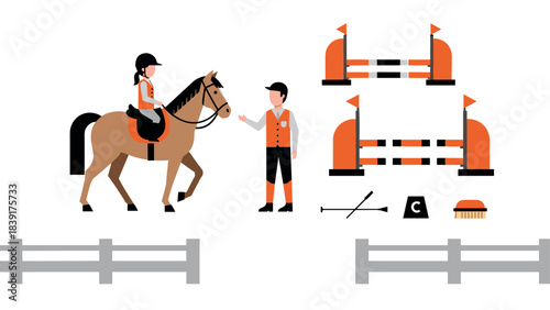 Equestrian sport elements: flat design of horse riding equipment and jumps