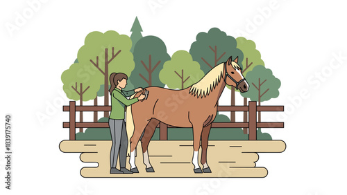 Woman grooming a horse in a peaceful outdoor setting