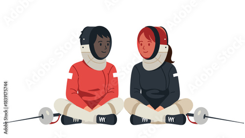 Friendly fencing encounter: two smiling fencers in full gear relaxing together