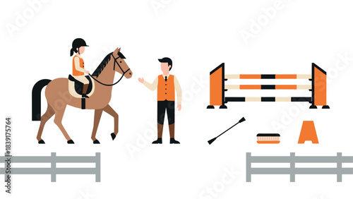 Equestrian sport with rider and horse jumping obstacle in flat style