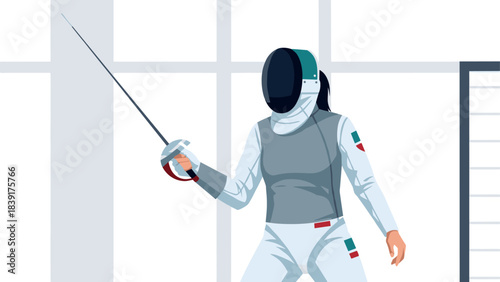 Modern fencer in action with sabre gear in indoor arena setting