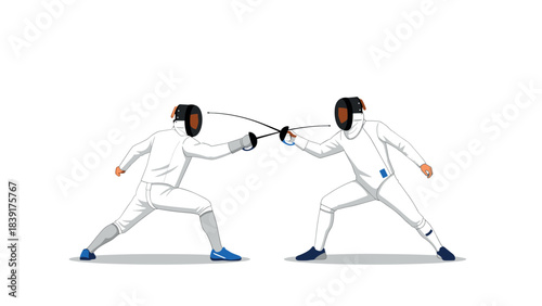 Fencing duel in action: dynamic sports scene with identical opponents in white gear