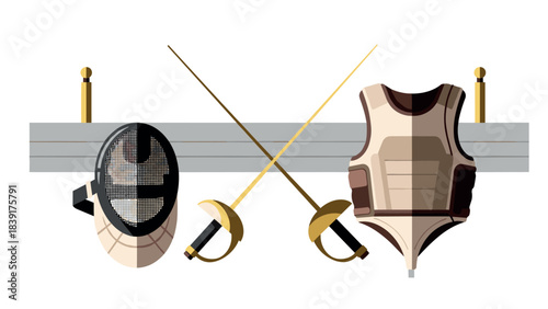 Fencing gear with crossed swords on rack in flat style
