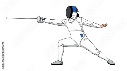 Dynamic fencing pose in full gear on white background
