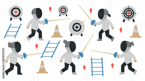 Flat style fencing pattern with fencers, swords, targets, and equipment