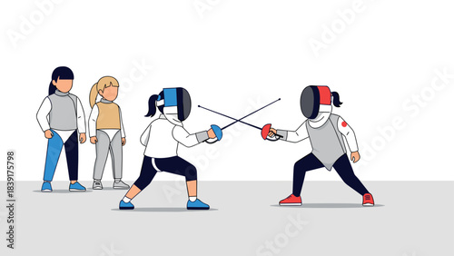 Dynamic flat style fencing duel with enthusiastic spectators watching