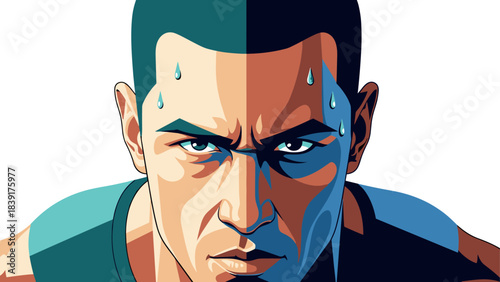 Intense athlete with determined expression and sweat droplets in pop art style