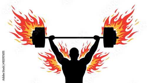 Silhouette of weightlifter with flaming barbell in dynamic artistic design