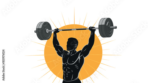 Powerful weightlifter silhouette lifting barbell with sunburst background