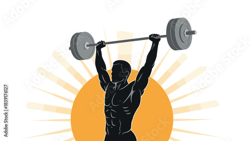 Silhouette of weightlifter lifting barbell with radiant sunburst background