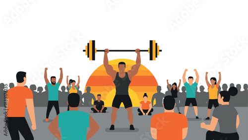 Diverse group fitness class with weightlifting at sunset