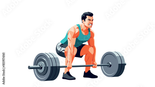 Weightlifting man performing deadlift exercise in gym setting