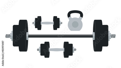 Fitness equipment collection with dumbbells and kettlebell on white background