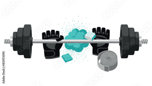 Flat design gym equipment with barbell, gloves, chalk, and wrist wraps