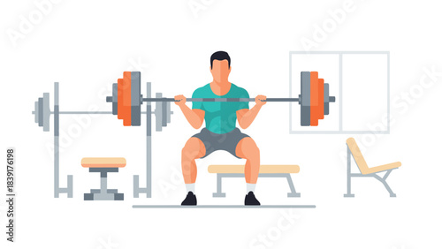 Man weightlifting in gym with barbell and bench press equipment