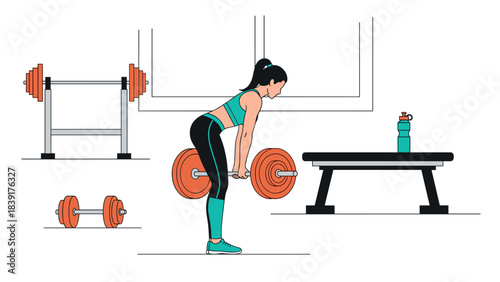 Female athlete performing deadlift in gym setting with weights and equipment