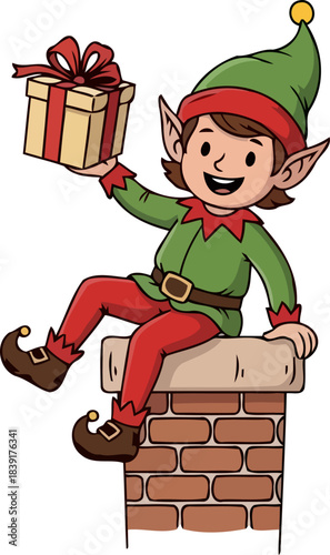chimney perch an elfs happy delivery of holiday wonders and cheer, isolated on transparent background