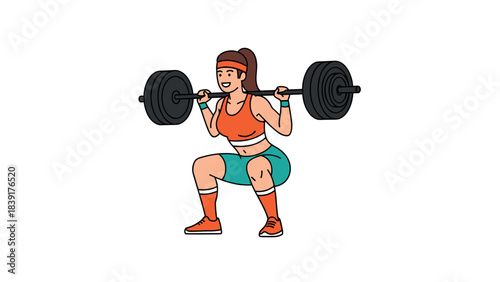 Female athlete squatting with barbell in colorful casual outfit