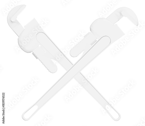 Two vintage adjustable pipe wrenches with polygonal jaws rest on a clean white background, appearing animated and ready for mechanical work.