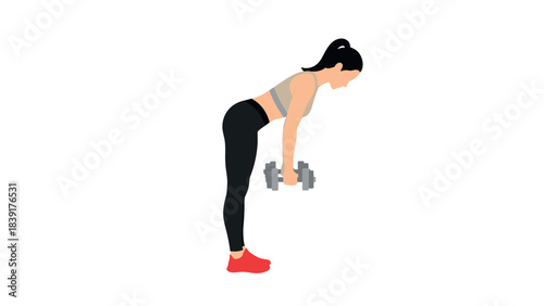 Woman performing dumbbell deadlift exercise in flat style on white background