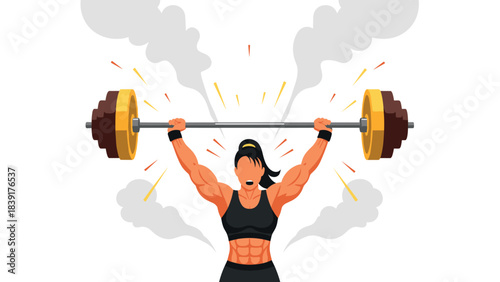Strong woman lifting barbell in dynamic flat style with explosive energy