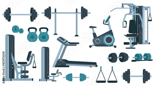 Home gym equipment collection in flat style for fitness enthusiasts