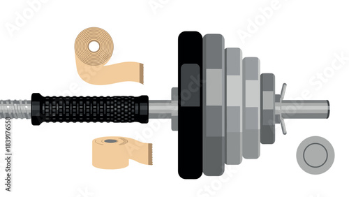 Gym equipment and athletic tape: dumbbell with tapes for training and fitness enthusiasts