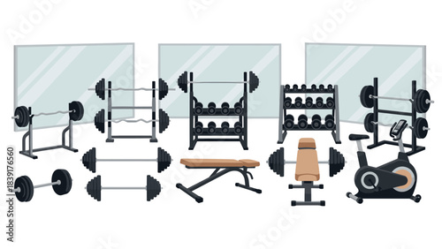 Comprehensive gym equipment set in modern fitness center environment
