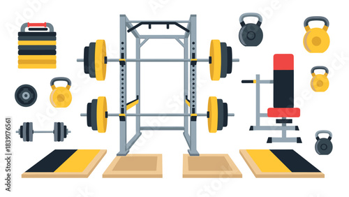Modern gym equipment icons in flat design for fitness and strength training
