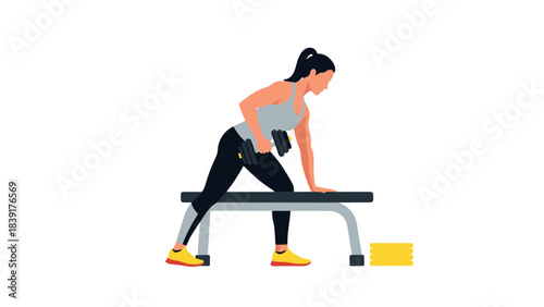 Woman doing dumbbell row exercise on bench