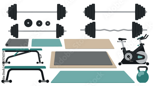 Home gym equipment collection with barbells, dumbbells, and exercise mats