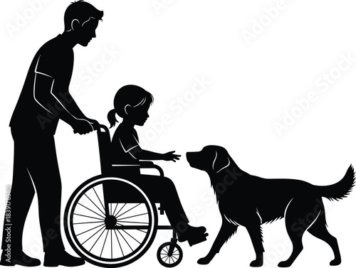 Wheelchair assistance silhouette, caregiver and child icon, dog companion gesture, black illustration, mobility support scene, therapeutic bond concept, inclusive care profile