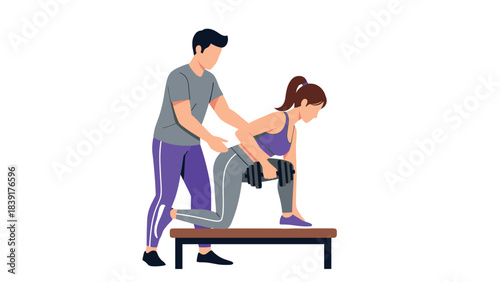 Workout session: trainer assisting woman with dumbbell exercise on bench