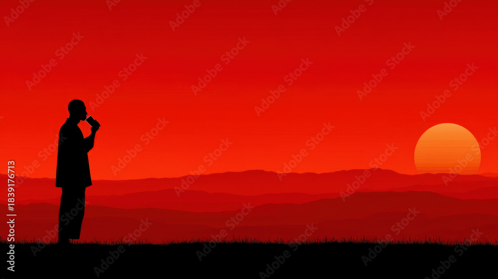 Fototapeta premium Man drinking silhouette against a sunset background