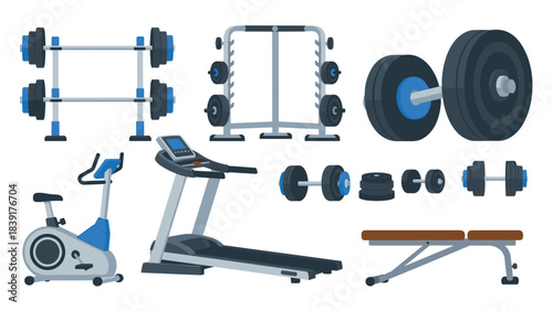 Fitness equipment collection: treadmill, dumbbells, and more for home workouts