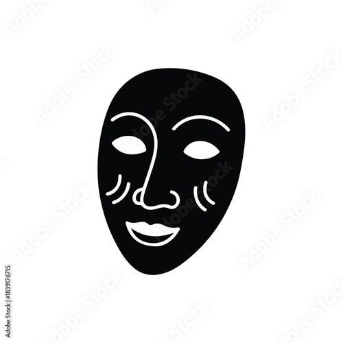 Simple black vector icon depicting a stylized human face, resembling a cultural or theatrical mask with abstract lines, ideal for symbolic, artistic, and graphic design applications