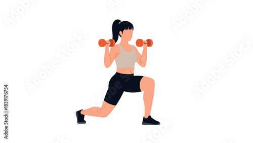 Woman exercising with dumbbells in lunge pose on white background