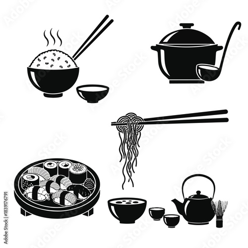 Japanese Food and Drink Icons Sushi, Ramen, Tea Set, and Rice Bowl