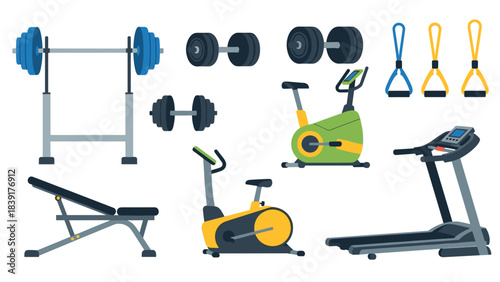 Modern gym equipment icons: treadmill, bike, weights, and more for fitness design