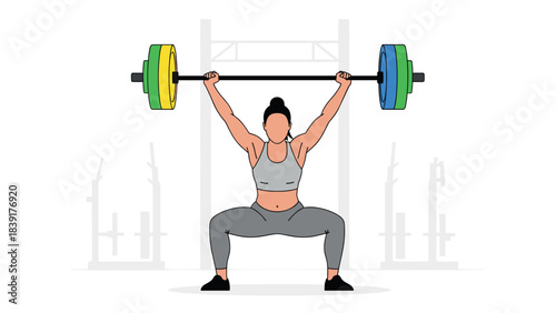 Female weightlifter performing barbell snatch in minimalist gym setting with bold colors