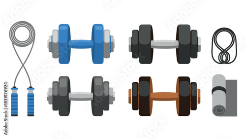 Home gym essentials: dumbbells, jump rope, and exercise mat in flat style