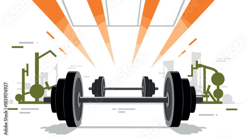 Gym equipment and urban environment with orange accents in a modern graphic design