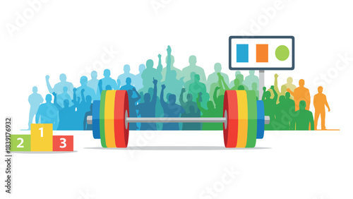 Colorful silhouette crowd cheering at weightlifting competition