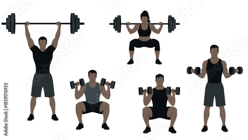 Fitness enthusiasts engaging in weightlifting activities on a transparent background