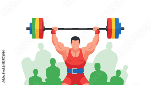 Colorful weightlifting champion in action with audience in background