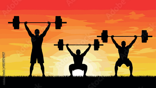 Silhouette of bodybuilders lifting weights at sunset in vibrant skyline