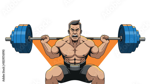 Strongman lifting weights cartoon style with determination and power