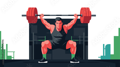 Dynamic weightlifting scene with athlete performing barbell squat in modern gym setting