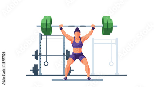Strong woman lifting weights at gym in dynamic flat art style